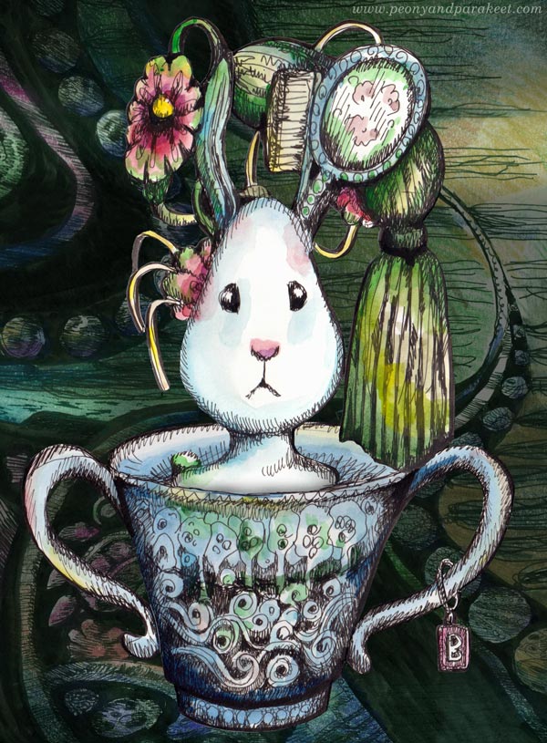 A magical bunny and a teacup. By Paivi Eerola, Check out her online drawing course Magical Inkdom!