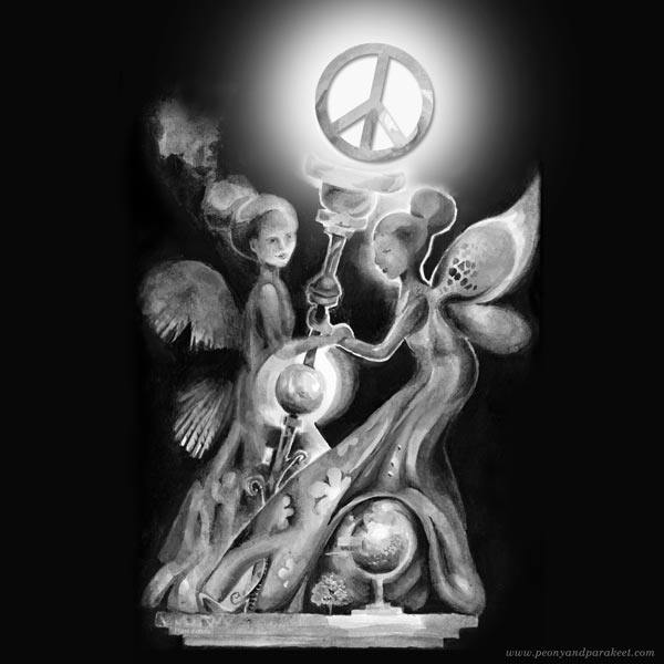 Peace, an illustration by Paivi Eerola. Two fairies form an ornament.