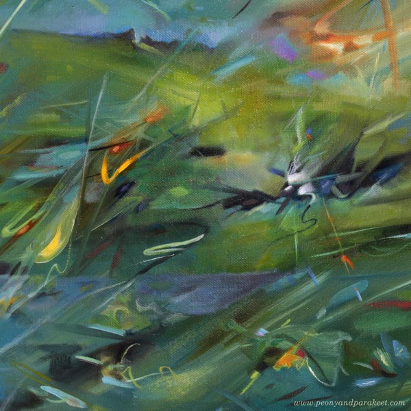 Detail of Kuningaskalastajat - Kingfishers, oil on canvas, 80 x 80 cm. By Paivi Eerola, Finland.