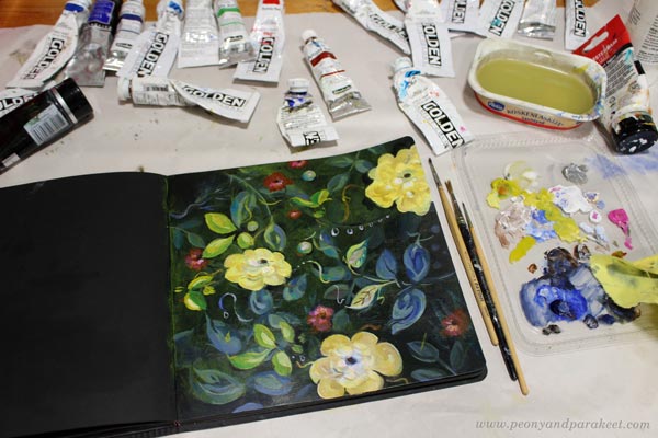 Painting beautiful decorative flowers in acrylics. Dylusions Creative Journal, square, black pages.