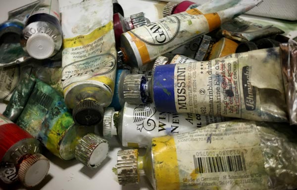 Oil paint tubes. Artist's everyday life.