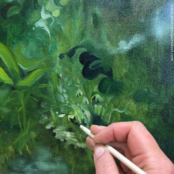 Painting in progress. Garden-inspired painting. Comparing gardens and creating art.