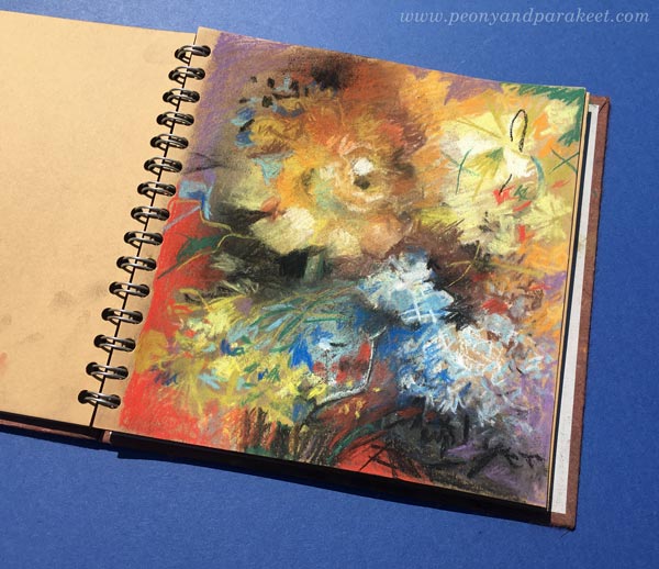 A pastel drawing in a sketchbook. Floral abstract by Paivi Eerola.