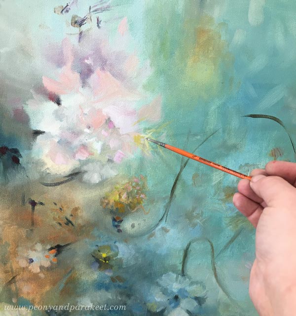 Abstract floral oil painting called Kaunosielu in progress.