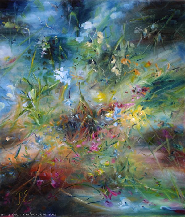 Kuolematon kukkakimppu - Immortal Bouquet, 70 x 60 cm, oil on canvas. Abstract floral art by Paivi Eerola, Finland.