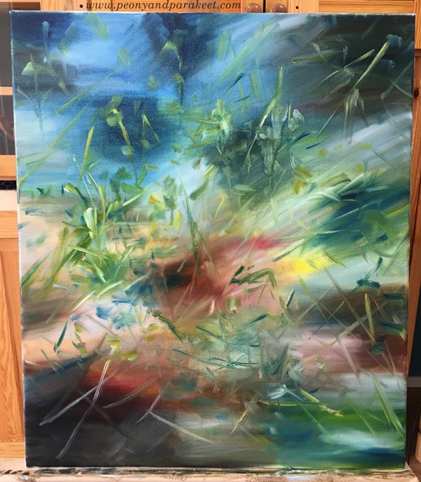 The beginning of a floral abstract painting. Painting in progress.