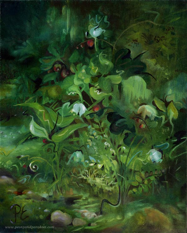 Kielomieli, 40 x 32 cm, oil on canvas, by Päivi Eerola, Finland. Painting lily of the valley.