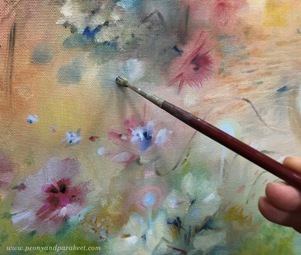An abstract floral painting in progress. Read more about finding artist's focus and what to think when you are creating.