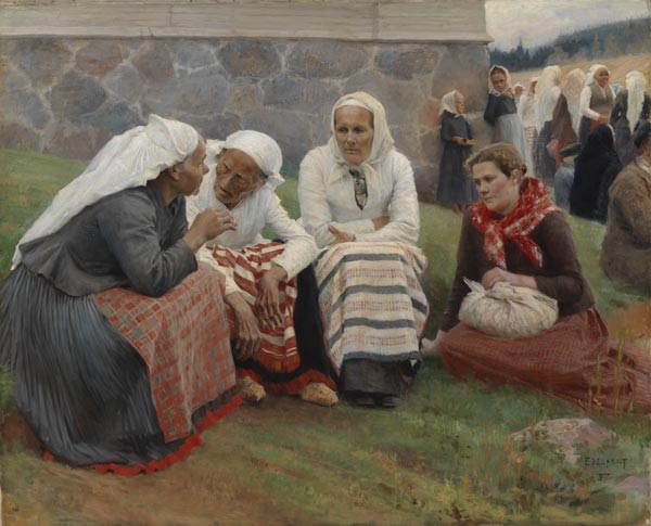 Albert Edelfelt, Ruokolahden eukkoja kirkonmäellä - Women of Ruokolahti on the Church Hill,129 × 158 cm, oil on canvas, 1887. Owned by Finnish National Gallery.