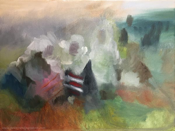 Oil painting in progress. Creating an abstract composition inspired by Albert Edelfelt's work and getting inspired by Picasso when he says: You must start with something.