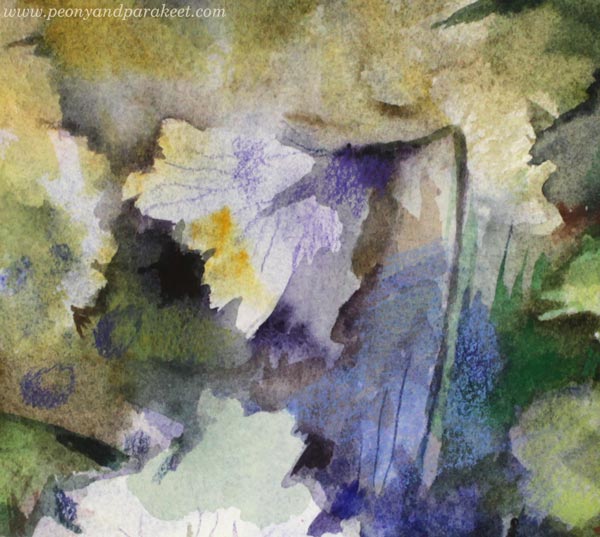 A detail of a watercolor painting that has been finished with colored pencils.