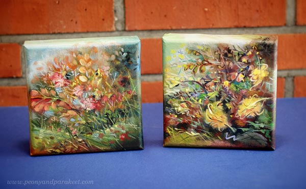 Two miniature paintings inspired by a garden. By artist Paivi Eerola.