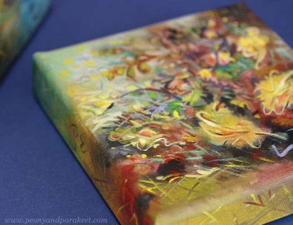A closeup of a miniature painting inspired by garden life. By Paivi Eerola.