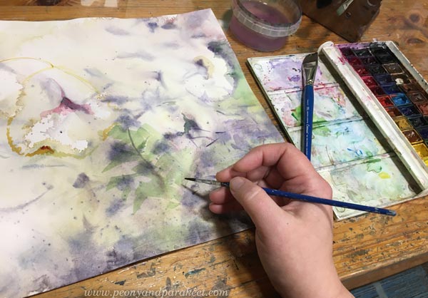 Starting an expressive flower painting in watercolor.