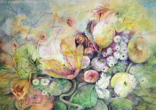 Valosta voimaantuneet, watercolor painting by Paivi Eerola. Watercolor flower art.