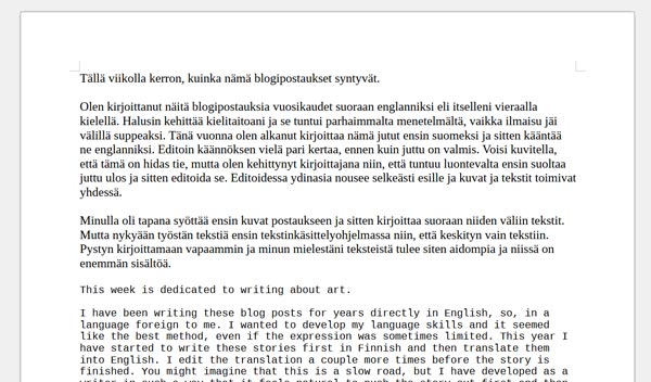 Writing about art for a blog post, first in Finnish and then in English.