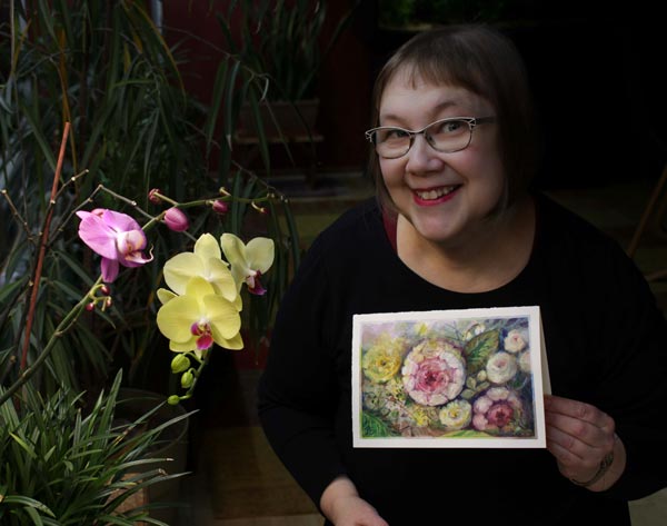 Paivi Eerola and her watercolor greeting card.