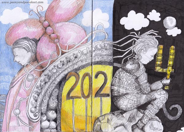 An annual art journal spread of 2024. By Paivi Eerola of Peony and Parakeet.
