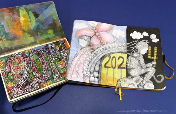 10 years of art journaling. A page made in 2014 and another made in 2024. By Paivi Eerola of Peony and Parakeet. Inspiring art journals.