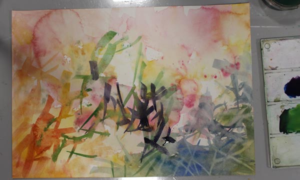 Painting freely in watercolor using liberated imagination. Painting in progress.