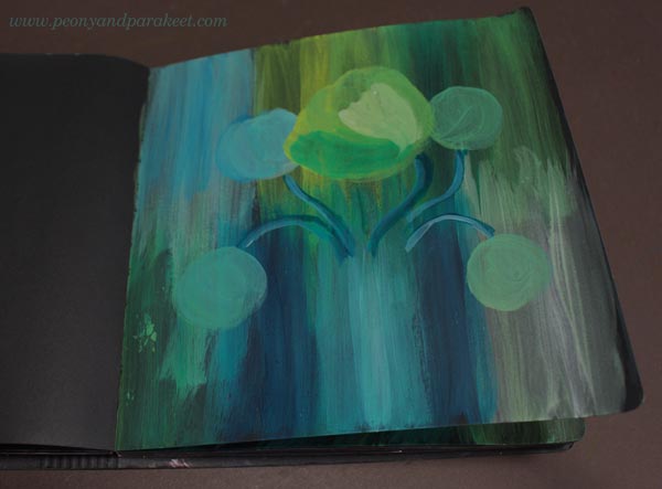Abstract flowers in progress. In a black square Dylusions Creative Journal.