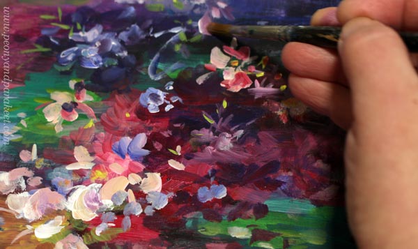 Painting quick abstract flowers by using different color values.