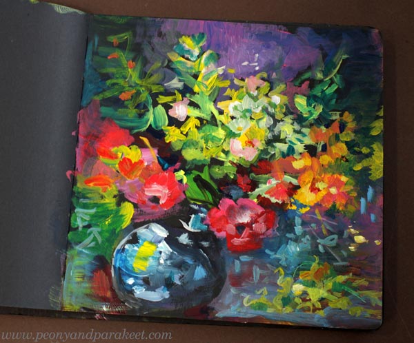 A quick abstract floral painting. By Paivi Eerola of Peony and Parakeet.