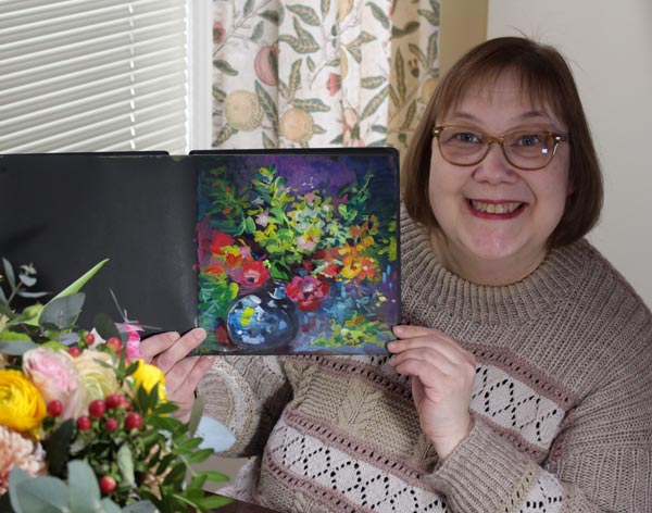Paivi Eerola and quick abstract flowers in her art journal.