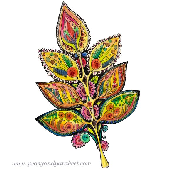 Folk leaf drawing by Paivi Eerola.