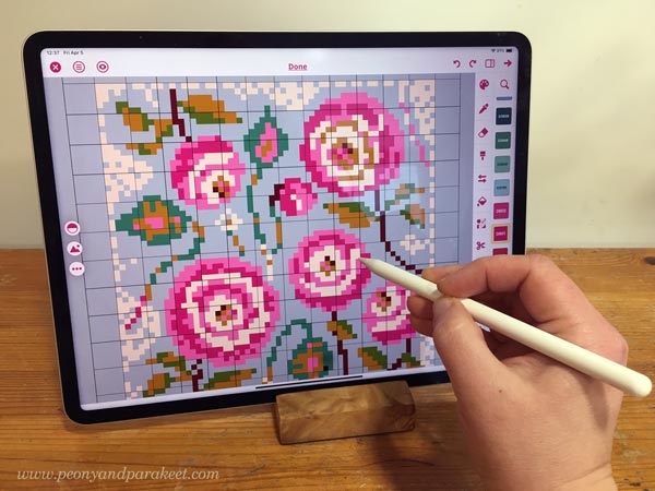 Designing cross stitch patterns in the Stitchly app.
