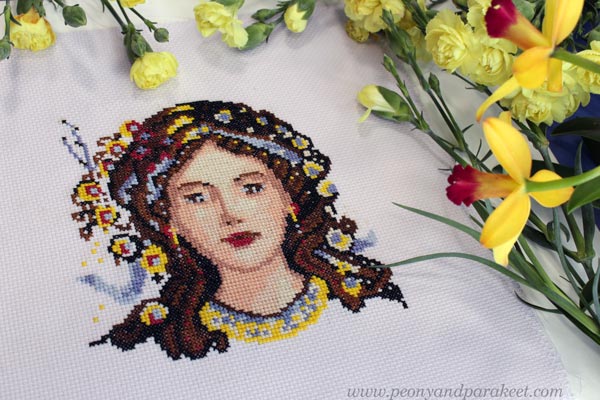 Primavera fancy lady portrait cross stitch pattern by Paivi Eerola.