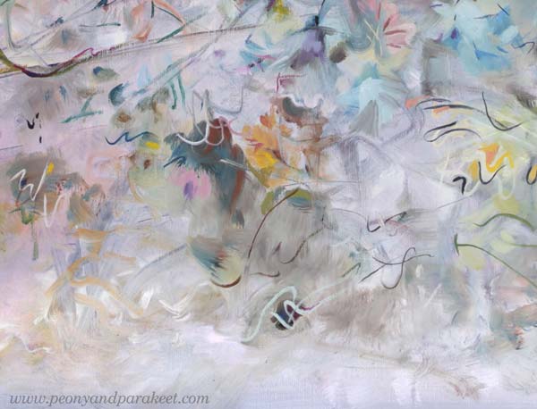 A detail of a white oil painting by Paivi Eerola. Many whites and pastel shades in one painting.