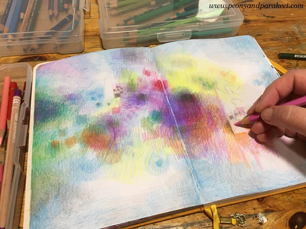 Abstract art with colored pencils. Coloring in an art journal.