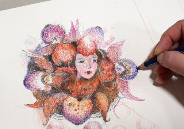 Drawing a spirit for a flower. Using imagination with colored pencils.