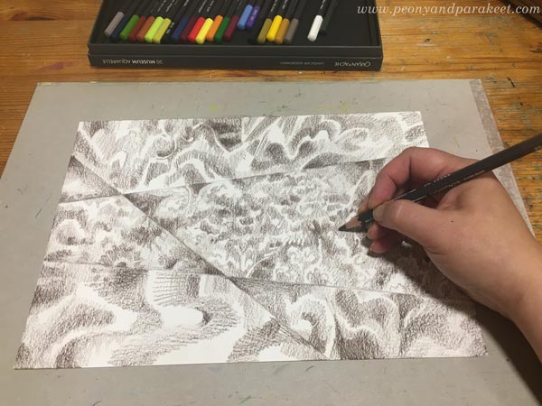 Coloring the bottom layer with raw umber. Using watercolor pencils for layering.