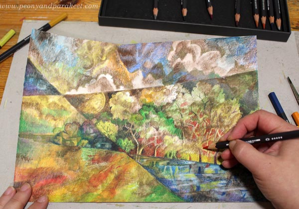 Coloring details. Watercolor pencils art in progress.