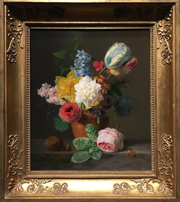 Still Life with Flowers and Nuts by Anthony Oberman, oil on cardboard, 1830, in a frame, Rijksmuseum