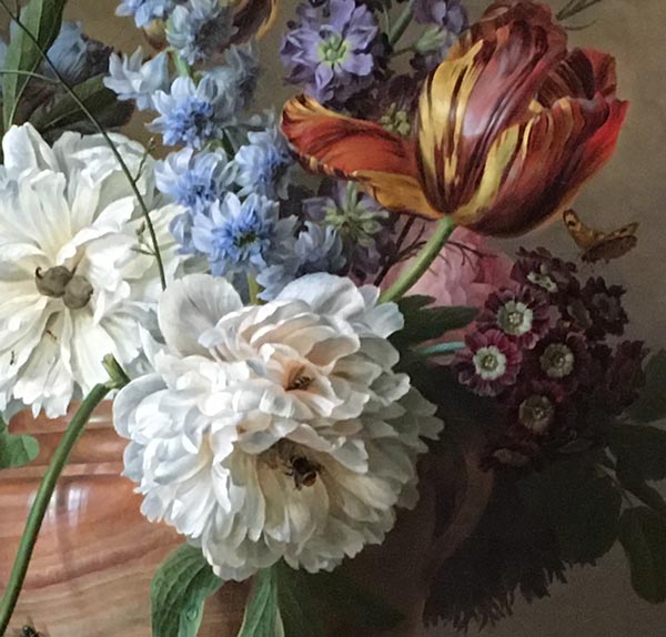 Flower paintings at Rijksmuseum. A detail of Flower Still Life with an Alabaster Vase by Gerard van Spaendonck, oil on canvas, 1783