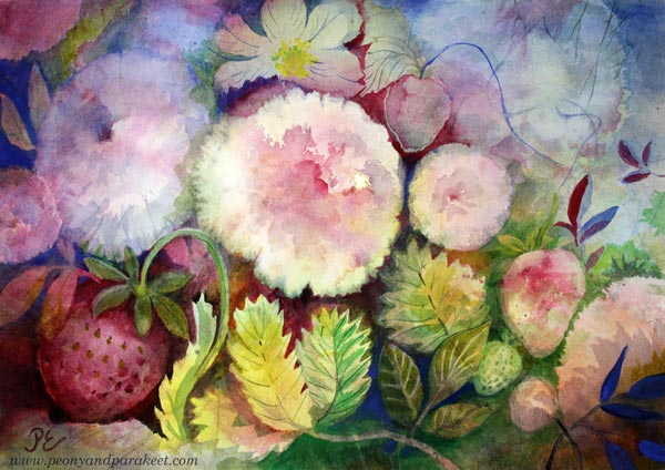 Summer watercolor art by Paivi Eerola. Kesäkuuman suosikit - Hot Summer Favorites, watercolor, size A3.