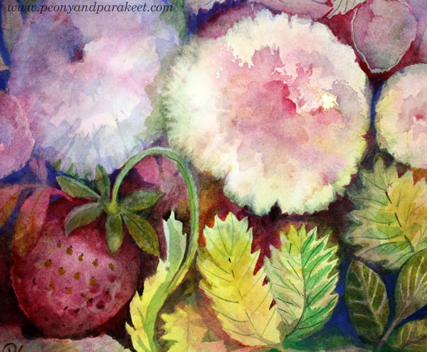 Summer watercolor art. A detail of a larger watercolor painting by Paivi Eerola. Painting peonies.