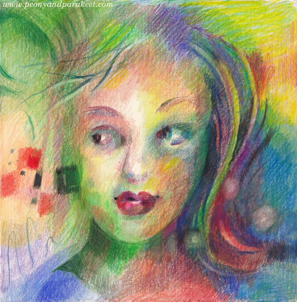 Intuitive Selfie, a drawing with colored pencils. Color freely without any references, no camera or mirror needed, watch the video!