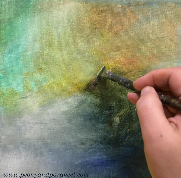 Starting an abstract flower painting in acrylics.