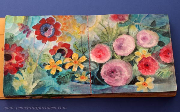 Derwent Artbars on an art journal. Flowery art journal spread.