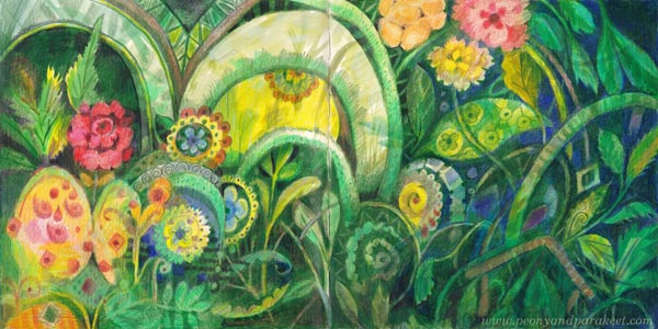 Maximalist drawing. Art journal spread by Paivi Eerola.