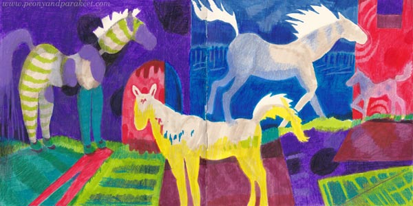 Minimalist style art journal spread with horses. By Päivi Eerola, Finland.
