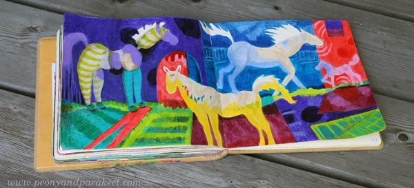 Colorful horses. Drawing in an art journal. By Paivi Eerola, Finland.