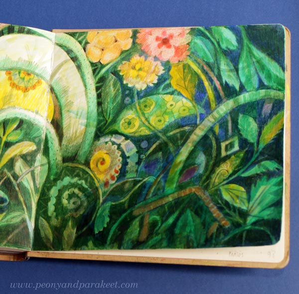 A close-up of a detailed art journal spread with plants and ornaments. Creating like a maximalist.