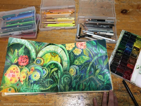 Botanical garden drawing in progress. Drawing freely and enjoying adding details after another. Maximalist art.