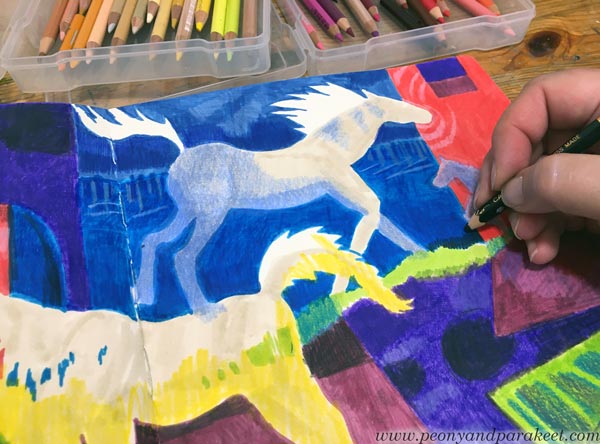 Coloring with colored pencils over the background that has felt tip pens. Drawing freely without references.