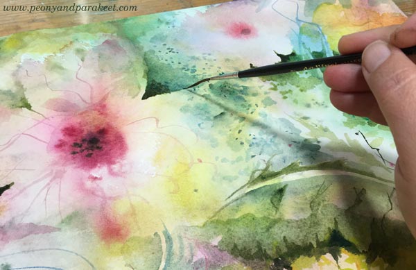 Using a rigger brush in watercolor flowers.